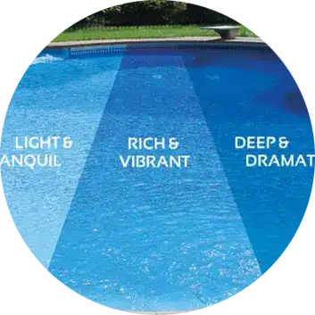 Swimming pool water color comparison showing light, rich, and deep blue shades in different finishes